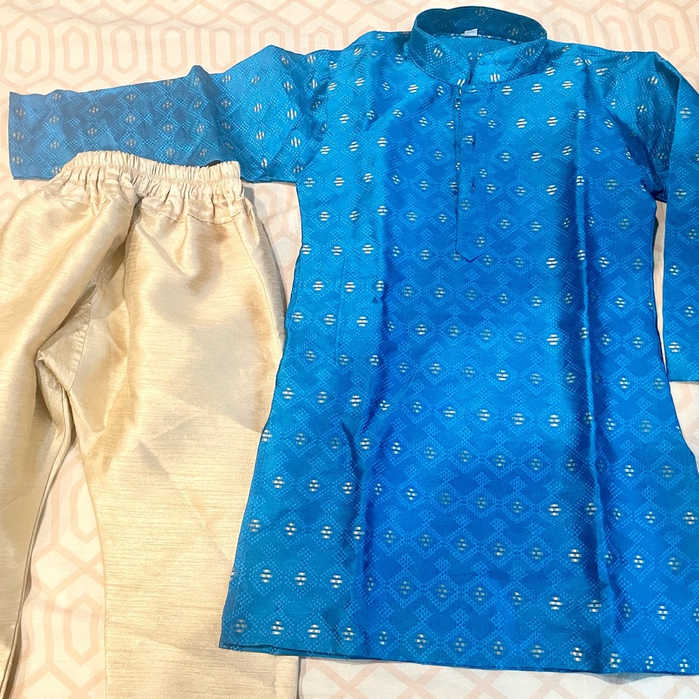 Boys Blue and golden Kurta Set